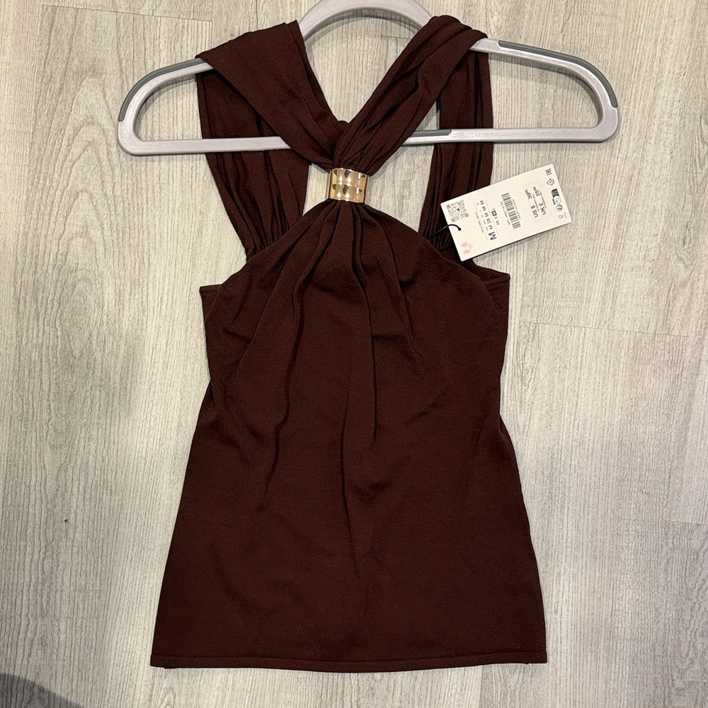 Zara Brown Twist-Detail Camisole with Gold Accent
